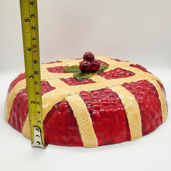 Vintage Tan & Red Decorative Ceramic Cherry Berry Pie Plate Lid Cover -LID ONLY- - Picture 8 of 9